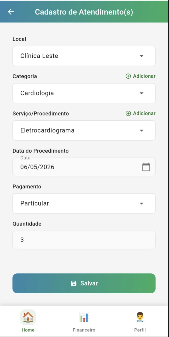 Tela de cadastro de atendimento do Docly com local, categoria, serviço, data, pagamento e quantidade