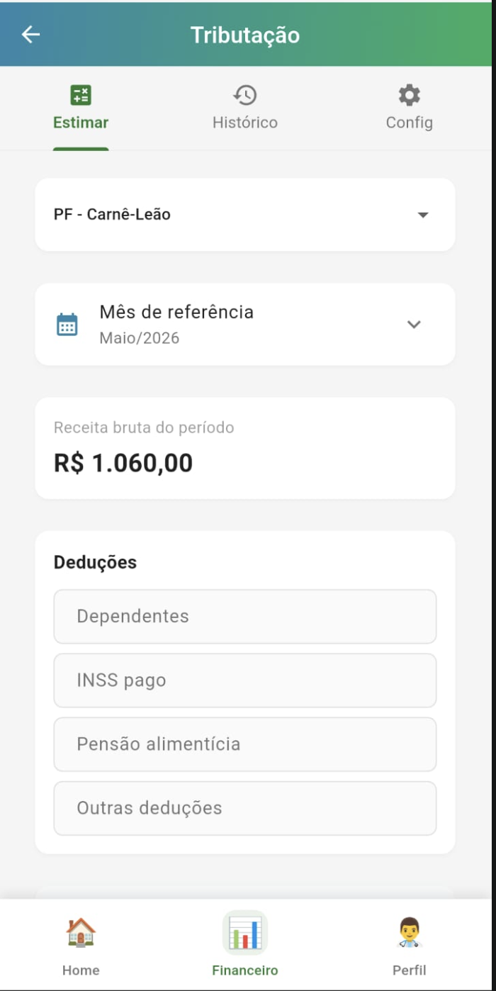 Tela de tributação do Docly com cálculo de PF Carnê-Leão, mês de referência e deduções